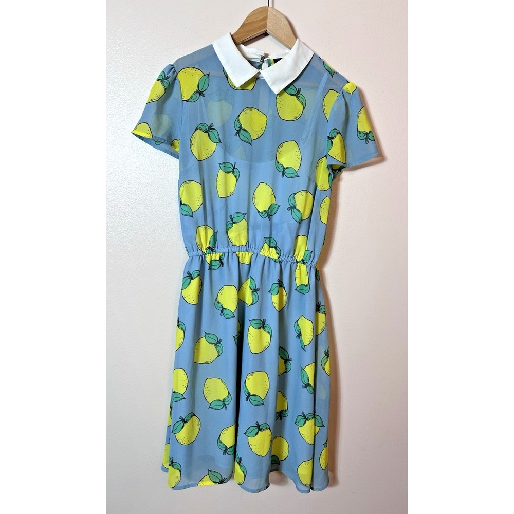ModCloth Dress Womens Small Blue Lemon Fruit Collar Preppy Retro 50s Sheer Midi